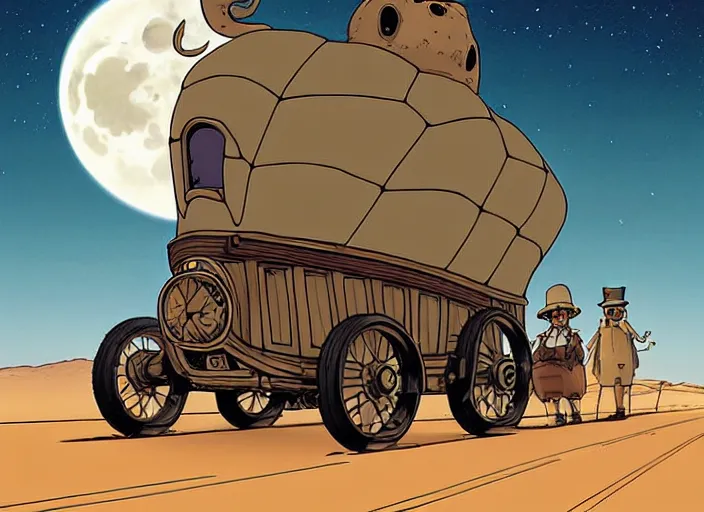 Image similar to a cell shaded cartoon of a lovecraftian tortoise stage coach from howl's moving castle ( 2 0 0 4 ), on a desert road, in front of a full moon, full body, wide shot, very muted colors, post grunge, studio ghibli, laurie greasley, highly detailed, deviantart, art by artgem