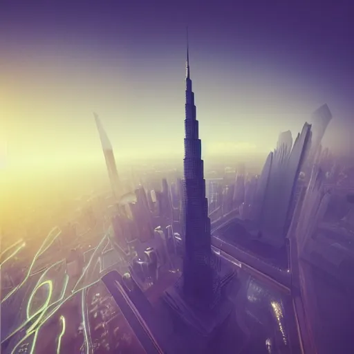 Image similar to closeup of a man [ standing on the pinnacle of the burj khalifa ]!!, holding a camera, viewing out into a [ futuristic cityscape ]!!, dusk atmosphere, digital art illustrated by max hay and greg rutkowski, [ 8 0 s neon art style ]!!, neon wallpaper!!, golden ratio!!, centered!!