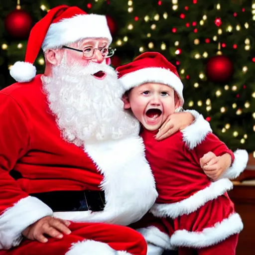 Image similar to santa screaming at a child biting his beard