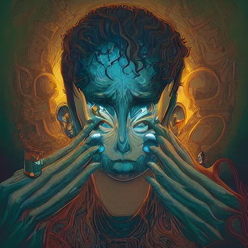 Prompt: “A portrait of depression, digital art by Dan Mumford and Peter Mohrbacher, highly detailed, trending on DeviantArtHQ”
