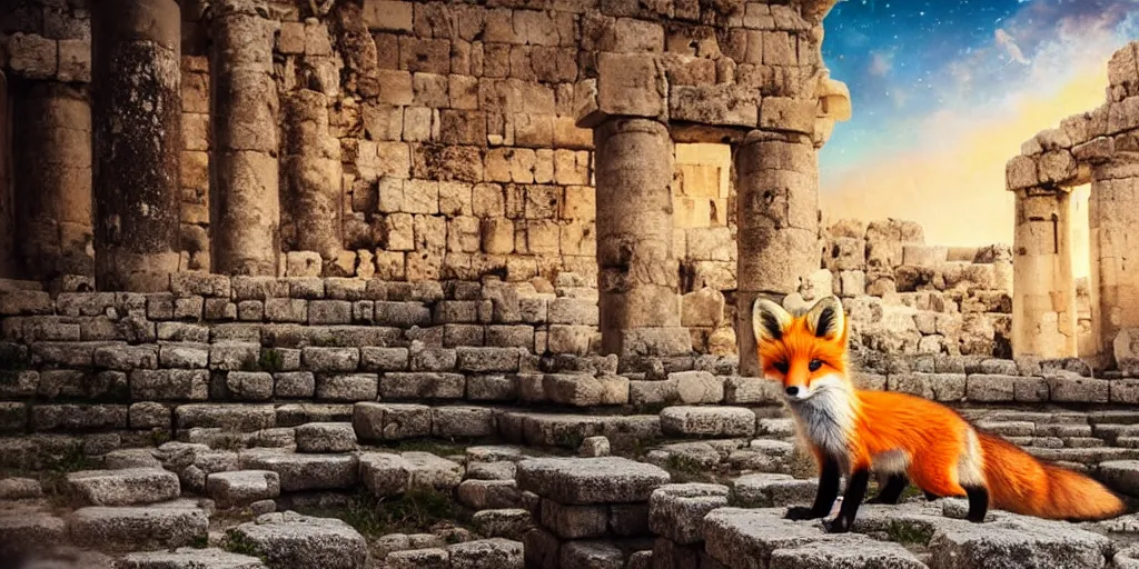 Image similar to A beautiful small fox in the huge ruins of the second temple in Jerusalem :: Dreamy sky :: The third temple hovers quietly in the sky above :: Very colorful painting 8k trending on art station :: Intricate details, very realistic, cinematic lighting, volumetric lighting, photographic blur bokeh defocus dof sky