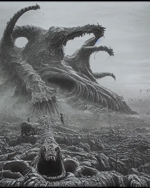 Image similar to group of scientists around giant dead kaiju, retrofuturism sci - fi old movie, highly detailed, photorealistic, 8 k, by beksinski and stalenhag