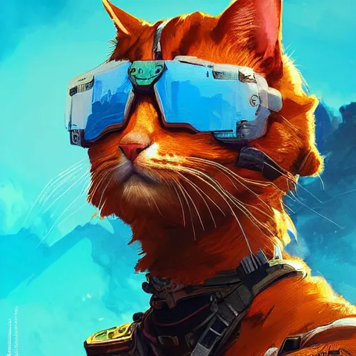 Image similar to ginger cat as apex legends character, digital illustration portrait design, by android jones and greg rutkowski, retrowave color scheme, detailed, cinematic lighting, wide angle action dynamic portrait