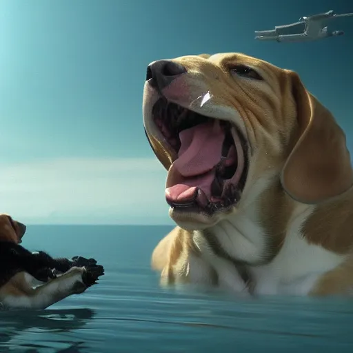 Prompt: masive 1 0 0 meters beagle dog fighting with godzilla over the sea, epic cinematic, 4 k, very high detail