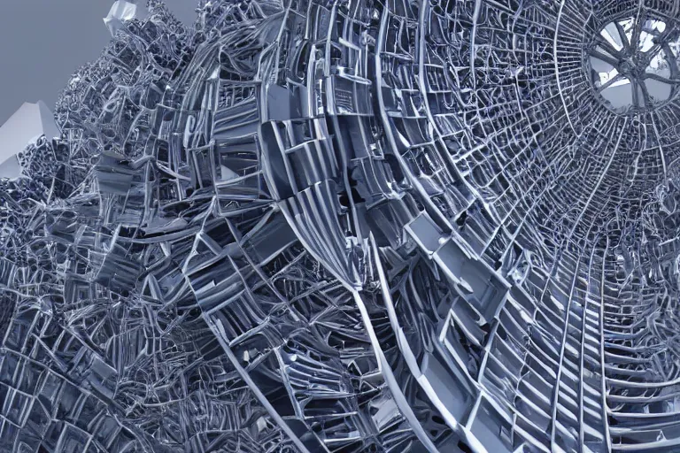 Prompt: a ship moving through a complex organic fractal 3 d ceramic metallic megastructure skyscraper, cinematic shot
