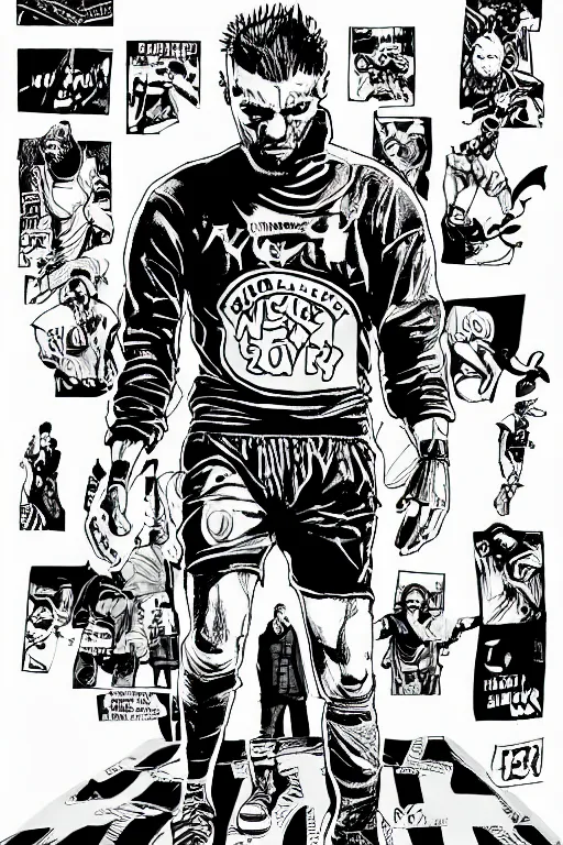 Image similar to jamie vardy as an edgerunner, standing heroically, a page from cyberpunk 2 0 2 0, style of paolo parente, style of mike jackson, adam smasher, johnny silverhand, 1 9 9 0 s comic book style, white background, ink drawing, black and white