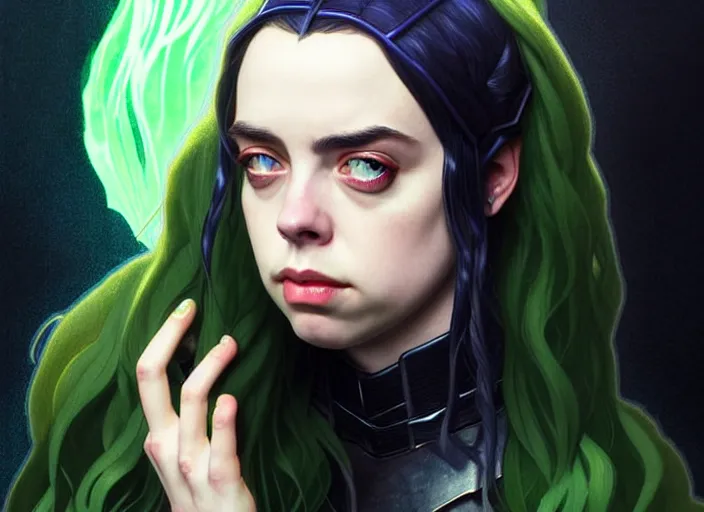 Image similar to Billie Eilish as Female Loki, very detailed, digital art, trending on artstation, concept art, smooth, illustration, art by artgerm and greg rutkowski and alphonse mucha and J. C. Leyendecker and Edmund Blair Leighton and Katsuhiro Otomo and Geof Darrow and Phil hale and Ashley wood