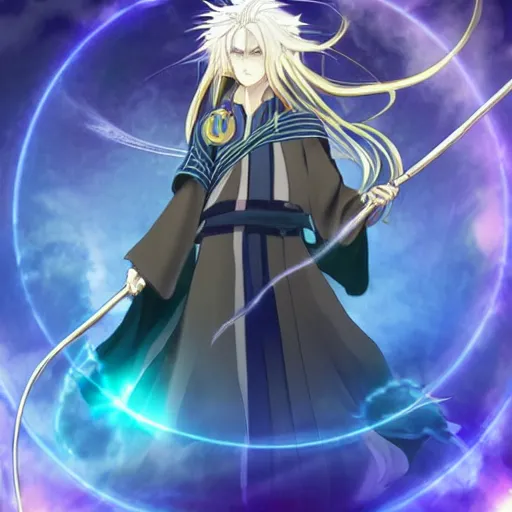 Image similar to a beautiful anime character wizard with free flowing hair holding a staff that has a glowing blue orb at the head of it emanating brilliant blue light, high detail, high resolution