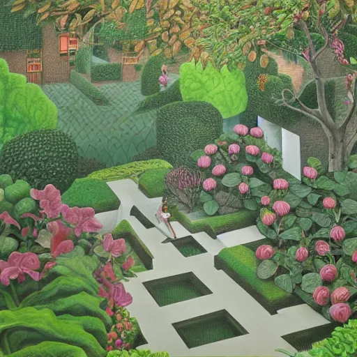 Prompt: Hyperrealism traditional english garden painting by MC Escher