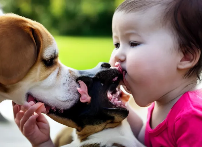 Prompt: dog licking baby's face