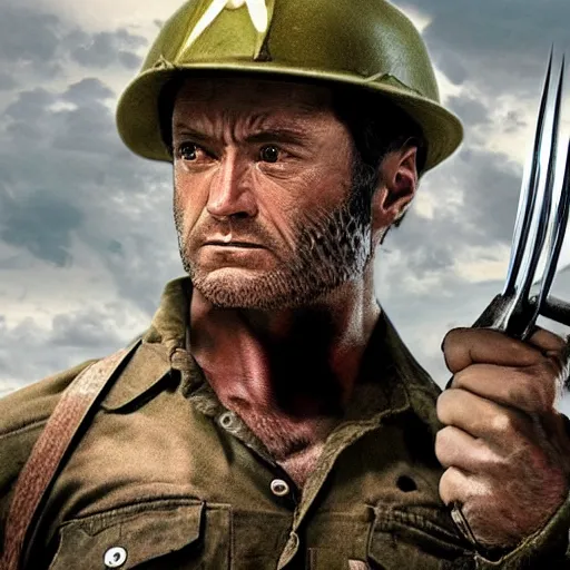 Image similar to Wolverine is a World War II soldier 4K detailed super realistic