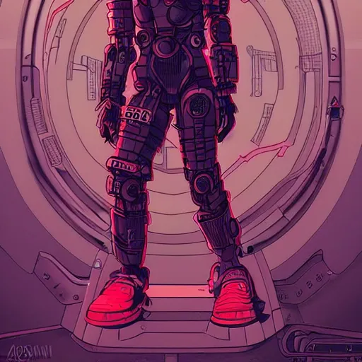 Image similar to awesome cyberpunk character with robot feet. portrait by josan gonzales