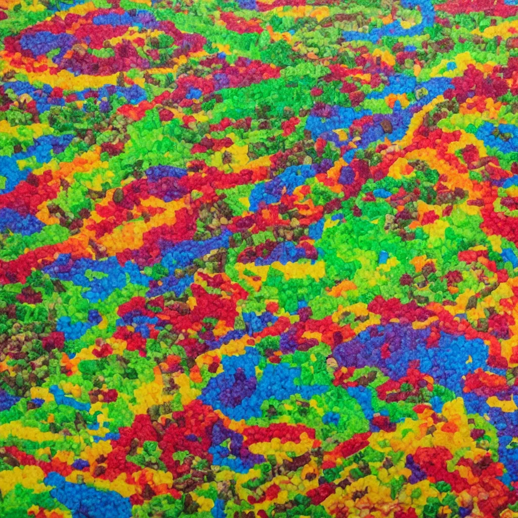 Image similar to painting of the countryside created entirely with gummy bears