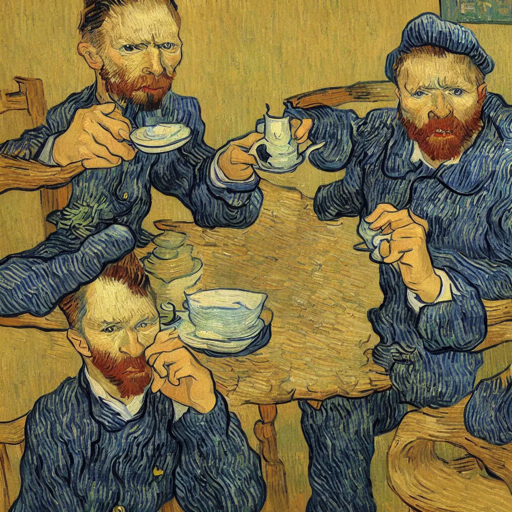 Prompt: van gogh drinking tea in chengdu, by lijiayan, trending on artstation.