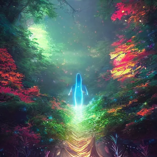 Prompt: twisted pathways magical cosmic path in the middle of a universe, anime inspired, hyper realistic, dramatic lighting, glowing leaves, 8k hdr pixiv dslr photo by Makoto Shinkai ilya kuvshinov and Wojtek Fus, digital art, concept art