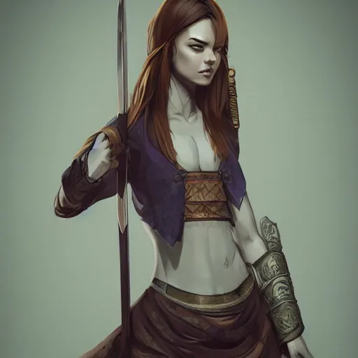 Image similar to full body portrait, thin but strong viking samurai woman, open shirt, 6 pack, symmetrical beautiful face, relaxed pose, trending on artstation, high resolution, detaild, smooth, dynamic composition, dramatic lighting, trending on artstation, award winning art, sharp focus