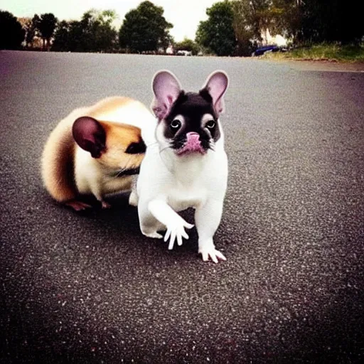 Prompt: “a ferret and a French bulldog going on an adventure together”