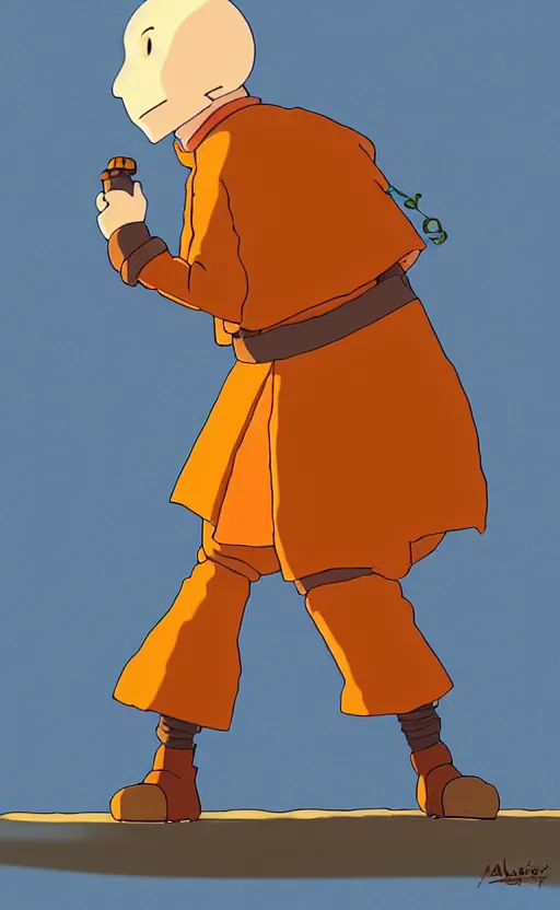 Image similar to a study of cell shaded cartoon of an orange robot monk from howl's moving castle ( 2 0 0 4 ) on a desert road, full body, wide shot, very muted colors, post grunge, studio ghibli, laurie greasley, highly detailed, deviantart, art by artgem