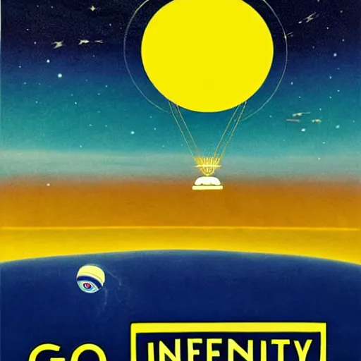 Image similar to go to infinity, a journey by space blimp, travel poster