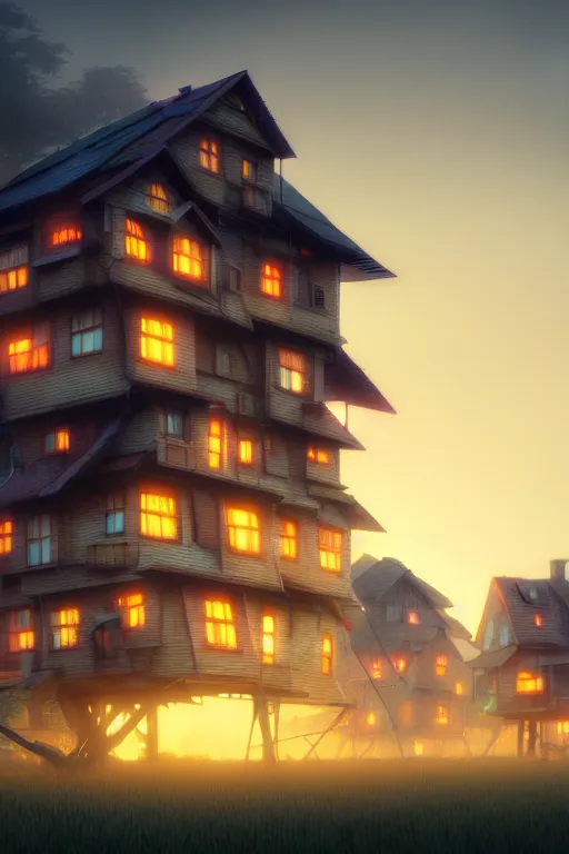 Image similar to stacked houses, solarpunk, twilight, volumetric light, studio ghibli, jean - baptiste monge, octane render, 4 k