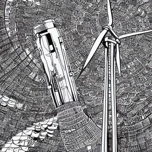 Image similar to hyper detailed comic illustration of a wind turbine blueprint, black ball pen on white paper, by Josan Gonzalez and Geof Darrow, simplistic