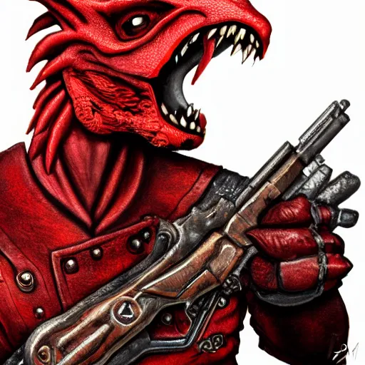 Image similar to A red dragonborn wearing a leather jacket and pointing an old pistol at the viewer. Face close-up. D&D. Portrait.