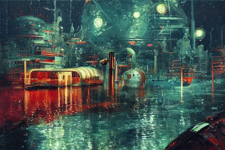 Image similar to river boats speeding between spherical tree houses on flooded streets of new york painting, red and green palette, night lights, starry sky, by ( h. r. giger ) and paul lehr