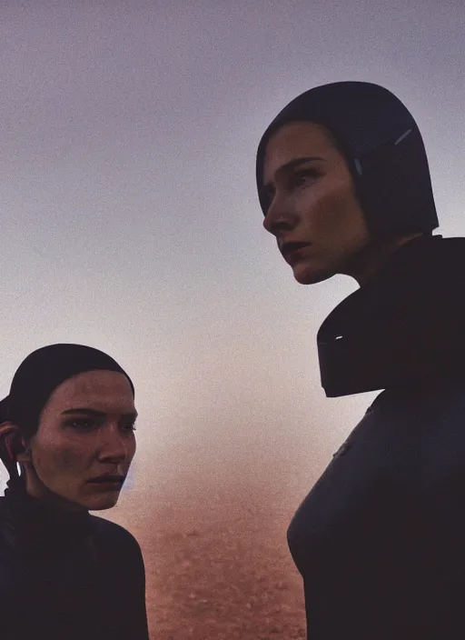 Image similar to cinestill 5 0 d photographic portrait of two loving female androids wearing rugged black techwear on a desolate plain with a red topographic sky in front of a brutalist structure, extreme closeup, cyberpunk style, dust storm, 8 k, hd, high resolution, 3 5 mm, f / 3 2, ultra realistic faces, ex machina