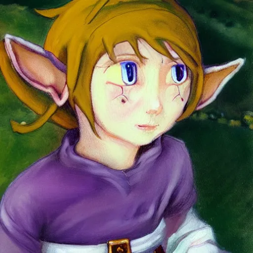 Image similar to little elf boy, purple tunic, soft hair. light color palate, detailed soft painting, made in abyss art style, anatomically correct, inspired in balthus