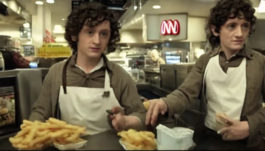 Image similar to film still of frodo working at mcdonalds in the new batman movie, cnn news footage taken from above.