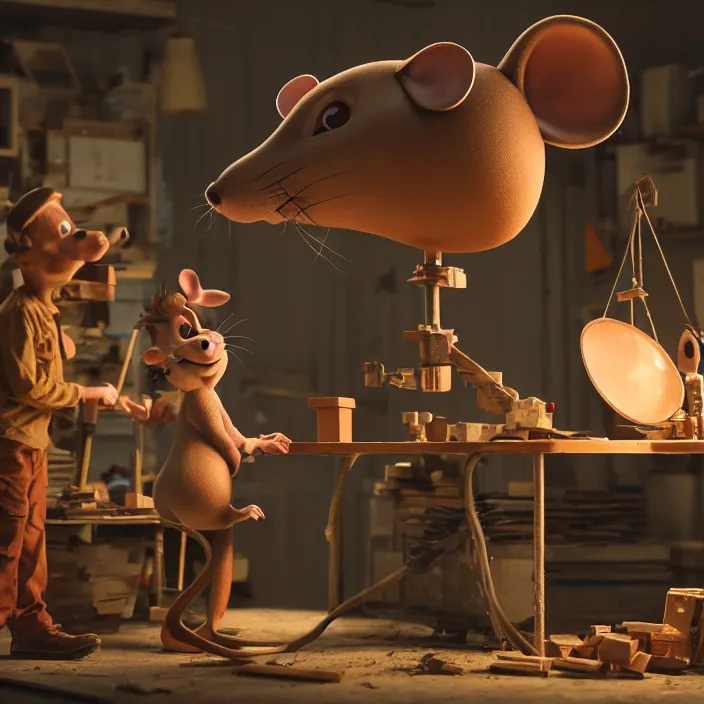 Prompt: crew of workers building giant mouse movie prop head in quaint workshop, octane render, 4 k ultra hd, hyper - detailed, realistic, seedy lighting, sharp focus, in style of beeple