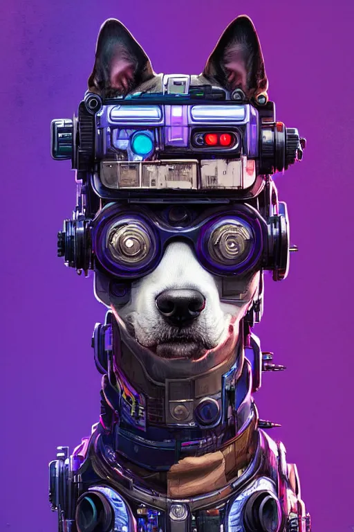 Image similar to a beautiful portrait of a cute cyberpunk dog by sandra chevrier and greg rutkowski and wlop, purple blue color scheme, high key lighting, volumetric light, digital art, highly detailed, fine detail, intricate, ornate, complex, octane render, unreal engine, photorealistic