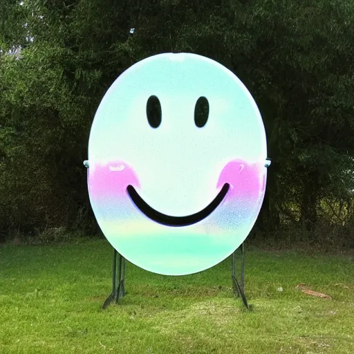 Prompt: a pastel colour Polaroid photo of large smiley face sign made of transparent iridescent perspex stood in a field, nostalgic