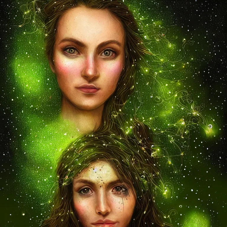 Prompt: beautiful portrait of a woman with fireflies and stars in her hair, blooming green slopes and lianas in the background, highly detailed, hdr, 8 k resolution, fantasy art, trending on instagram