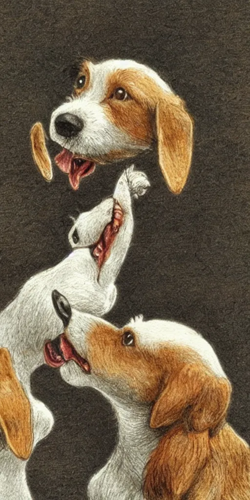 Prompt: jack russel dog looking up and howling with mouth open sad, highly detailed, side view, illustrated by peggy fortnum and beatrix potter and sir john tenniel