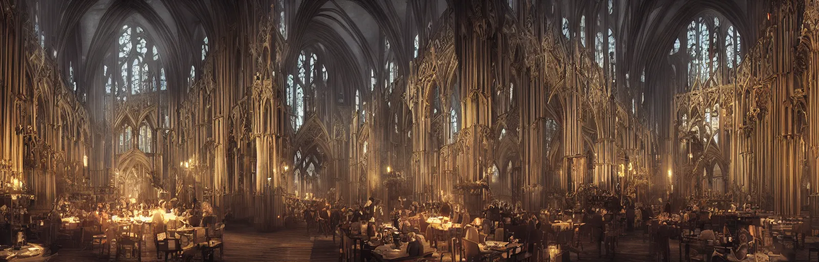 Prompt: a cartoonish cute very high gothic cathedral interior, bright environment, clerestory lighting, mystical, fog, people dining in the dark with spot lights on each table, hyper detailed, intricate, hyperrealistic, cinematic lighting, volumetric lighting, dramatic lighting, moody, octane render, ultra view, depth --uplight, magical atmosphere, trending on artstation, 30mm, by Noah Bradley trending on ArtStation, deviantart, high detail, stylized portrait H 640