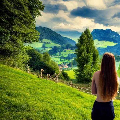 Image similar to a beautiful photograph of a girl with switzerland landscape in the background with trees, hdr, 8 k, high quality, sharp focus, artstation, highly detailed, award - winning, dramatic lighting, beautiful clouds, and nature, digital art