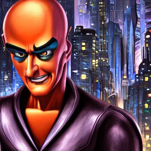 Image similar to megamind evil supervillain taking over a metropolis digital painting 4 k hd