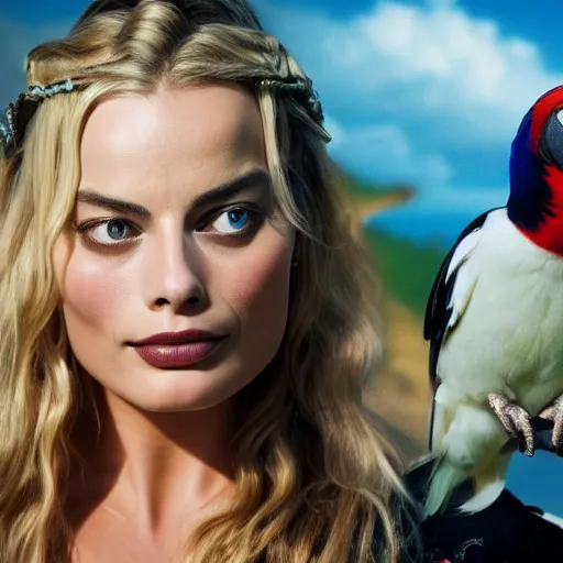 Prompt: margot robbie as a beautiful pirate with a parrot on the shoulder, realistic portrait, 8k resolution, hyper detailed, studio lighting, cinematic