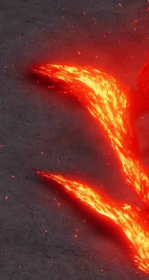 Image similar to a flamingo made out of fire, inferno, magma scarred landscape background, epic sense of scale, unreal engine 5, particle effects,