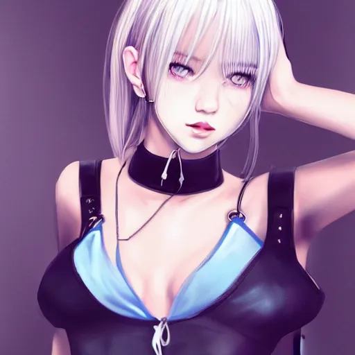 Image similar to realistic teasing detailed semirealism beautiful gorgeous cute Blackpink Lalisa Manoban white hair white cat ears blue eyes, wearing black camisole outfit, headphones, black leather choker full HD 4K high resolution quality WLOP, Aztodio, Taejune Kim, Guweiz, Pixiv, Instagram, Artstation