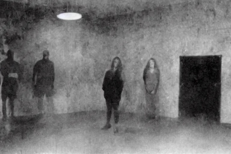 Image similar to found footage of a room of people staring at a live demon, eerie