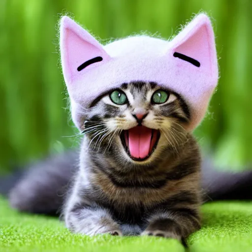 Image similar to kitten photo, wearing wool hat, tongue mlem!, cat ears