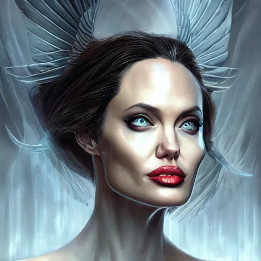 Image similar to Angelina Jolie as Lucifer Morningstar, highly detailed, digital painting, artstation, concept art, smooth, sharp focus, illustration, ArtStation, art by Katsuhiro Otomo and Tom Bagshaw