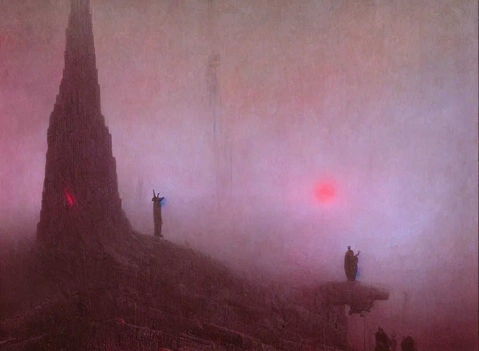 Image similar to the blind liberty of the few, red and purple palette, volume light, fog, by caspar david friedrich by ( h. r. giger ) and paul lehr