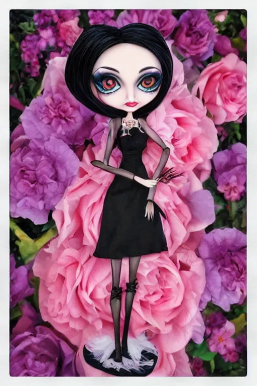 Prompt: gothic barbie with flowers painted by jeremiah ketner