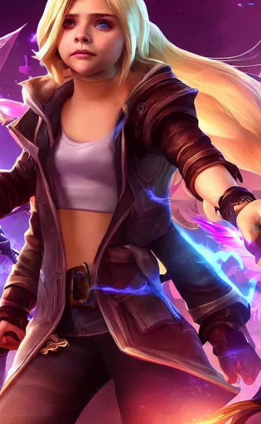 Image similar to Chloë Grace Moretz as a character in the game League of Legends, with a background based on the game League of Legends, detailed face, old 3d graphics