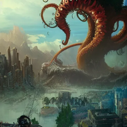 Image similar to bob ross monster with disgusting tentacles, destroying a cityscape, 8 k, highly detailed, digital painting, unreal engine tech demo, vivid colors, artstation, art by artgerm and greg rutkowski and alphonse mucha