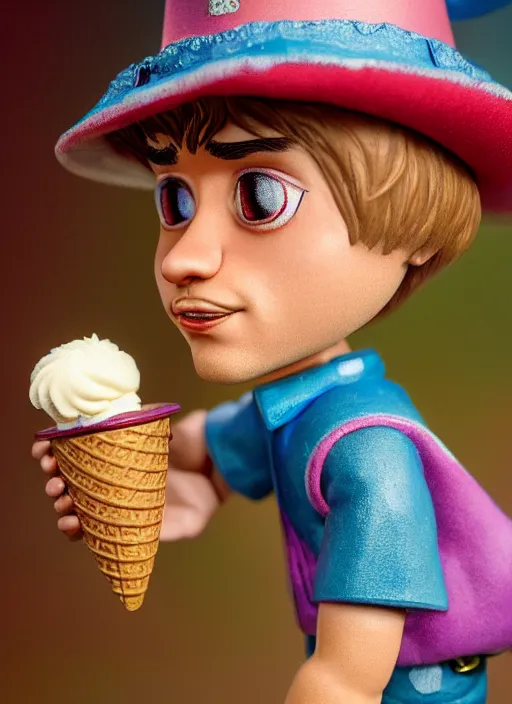 Image similar to highly detailed closeup, face profile portrait of justin bieber as a tin toy fairy - tale wizard wearing a sombrero eating ice cream, unreal engine, nicoletta ceccoli, mark ryden, earl norem, lostfish, global illumination, detailed and intricate environment