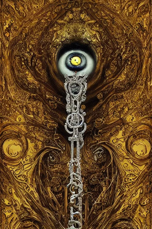Prompt: The Skeleton Key by Karol Bak, Jean Deville, Gustav Klimt, and Vincent Van Gogh, mystic eye, otherworldly, ornate elaborate baroque skeleton key, keyhole, key wreathed in white flames, lightning, fractal structures, arcane, inferno, inscribed runes, infernal relics, ornate gilded medieval icon, third eye, spirals